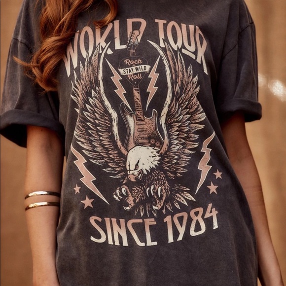 Black Tee T-Shirt Top Dress World Tour Since 1984 Graphic Vintage Mineral Wash - Picture 6 of 7